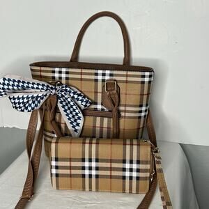 Plaid Satchel Handbag & Double-Zip Wallet Set Brown Crossbody Scarf NWOT